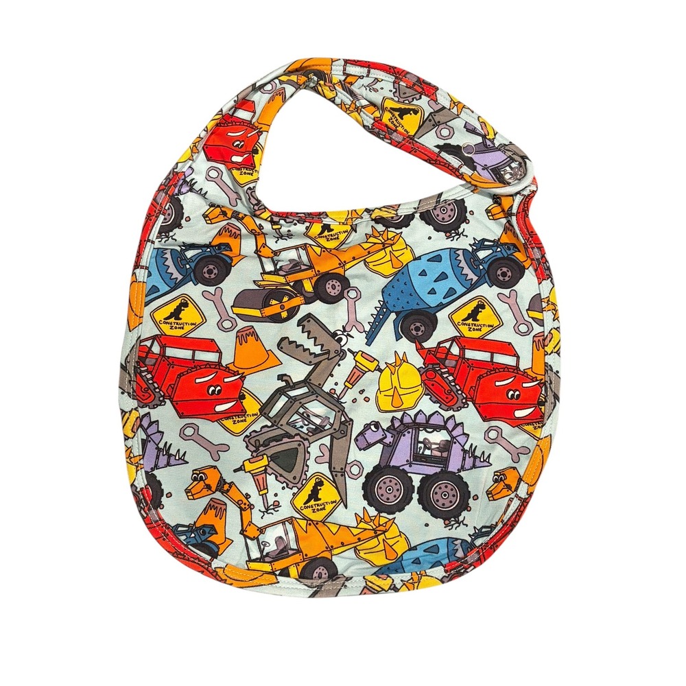 Construction Zone Dinosaur Trucks Baby Snap Bib Light Blue Bamboo Print